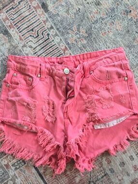 Women's Pink Distressed Frayed Hem Jean Shorts